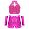 thumbnail image 6 of inlzdz Kids Girls Jazz Latin Dance Outfits Sequin Halter Crop Tops with Shorts Tassel Gloves Dancewear Hot Pink 8, 6 of 7