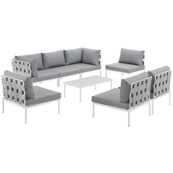 Modway Harmony 8 Piece Outdoor Patio Aluminum Sectional Sofa Set in White Gray