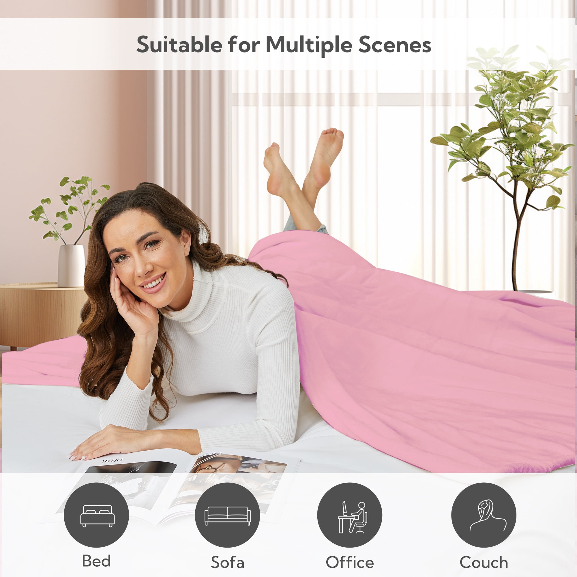 SUNNY HEAT Electric Heated Blanket Flannel 84" x 90" Queen Size-4 Heating Settings & 10 Hours Auto Off, Cozy Machine Washable-Pink