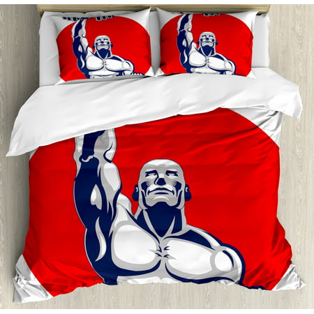 Fitness Duvet Cover Set, Muscular Man Lifting Barbells Body Builder Icon Strength Work Out Powerful, Decorative Bedding Set with Pillow Shams, Silver Red White, by