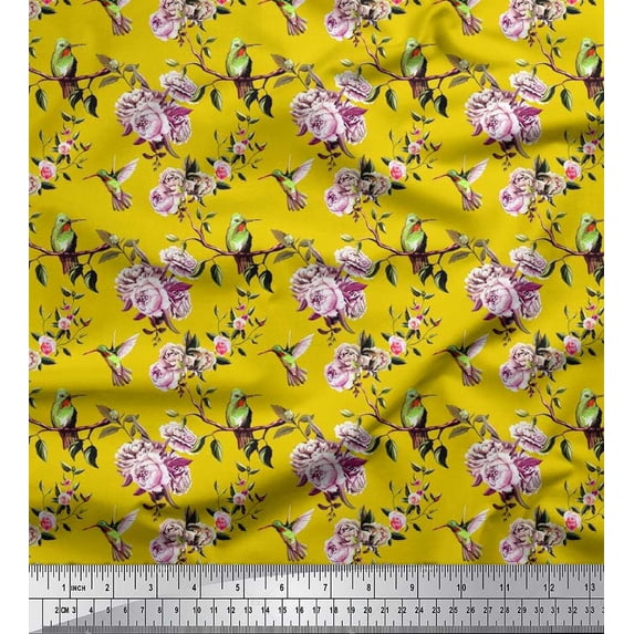 Soimoi Modal Satin Fabric Hummingbird,Leaves & Rose Floral Decor Fabric Printed Yard 42 Inch Wide