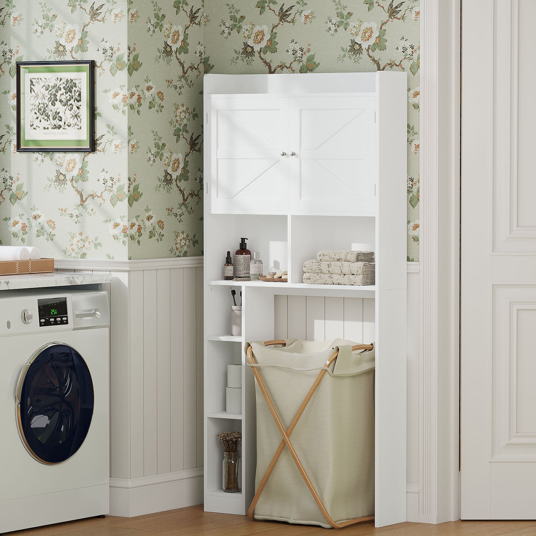 S-HOME White Bathroom Space Saver Cabinet With Double Doors, Open Shelves And Adjustable Shelf For Organized Toiletries