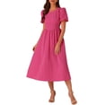 thumbnail image 2 of INSPIRE CHIC Women's Dress Summer Puff Sleeve Round Neck Solid Textured Flare Dresses XL Hot Pink, 2 of 5