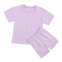Odeerbi Toddler Summer Outfits Girls Two-piece Sports Suit Candy Color Short Sleeve Shorts Suit Purple