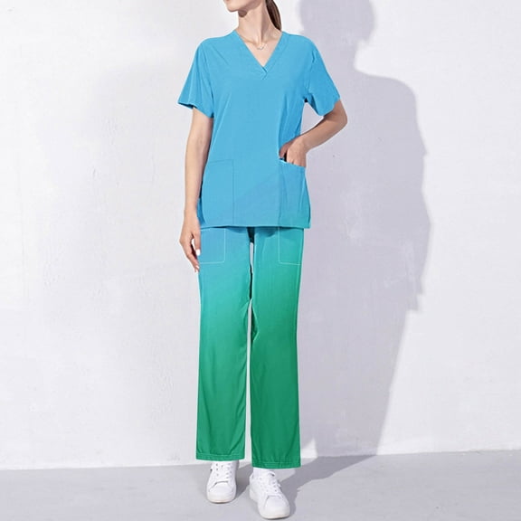 Axiiglly Scrubs for Women Gradient Color Scrubs Sets High Waisted Scrub Pants V Neck Short Sleeve Scrub Tops Comfy Stretchy Scrubs Workwear 2 Piece Nurse Uniforms Set with Pockets