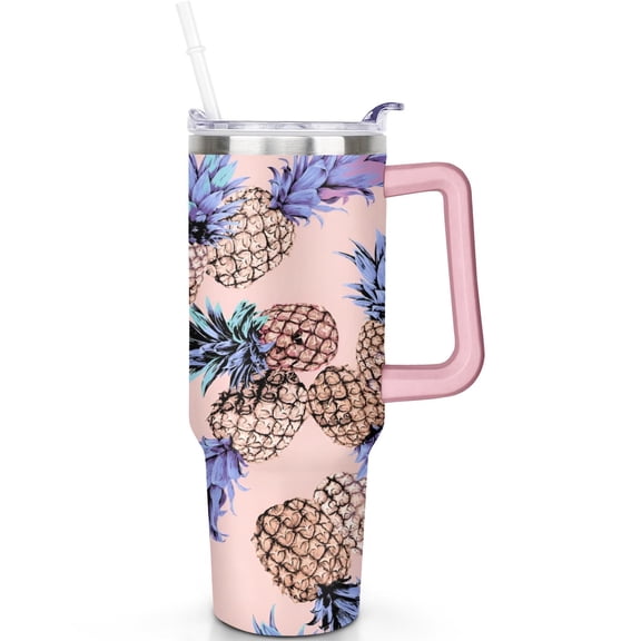 40oz Theme Tumbler, Handle Spill Proof Lid 40 oz Pineapple Tumbler, Straw Double Insulated Travel Mug Pineapple Gifts