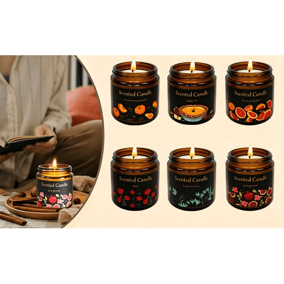 Fall Candles Set - 6 Pack Candles for Home Scented, Natural Soy Wax 120 Hour Long Lasting, Fall Fragrance of Apple /Cinnamon Pumpkin/Sweet Grapefruit/Rose/Pomegranate/Cedar Tea Tree