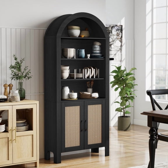 Hawsaiy 71" Arched Pantry Cabinet with Doors, Tall Arch Bookcase with Adjustable Shelves, Mid-Century Modern Kitchen Pantry Storage Cabinet for Living Room, Black