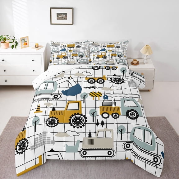 Erosebridal Construction Comforter Set Twin Size Excavator Tractor Twin Comforter Cartoon Car Equipment Trucks Plaid Grid Comforter Set Construction Vehicles White Duvet Set Quilt Set