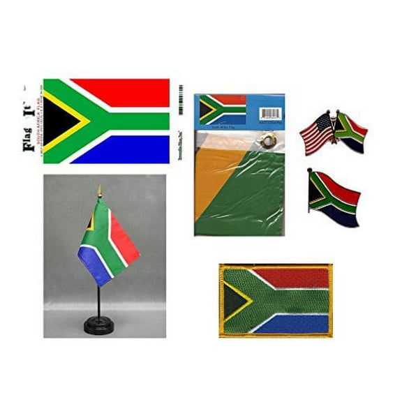South Africa Heritage Flag Pack - Includes a South African 3x5' Flag, Vinyl Flag Decal, One Single & One Double Friendship Flag Lapel Pin, Miniature Desk Flag with Stand & One Iron-On Flag Patch