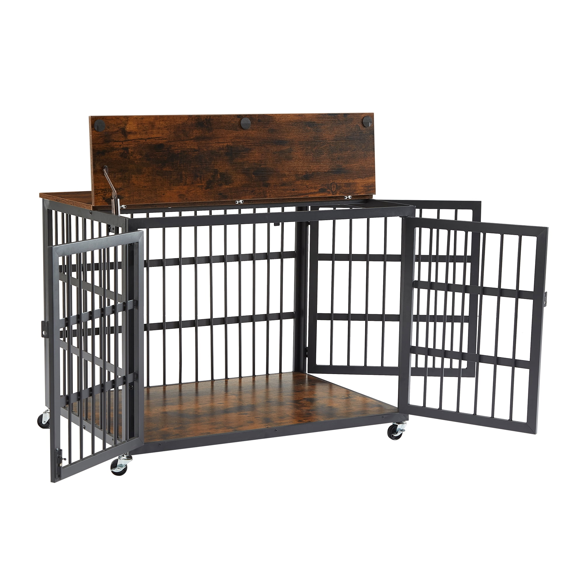 Pefilos 38" Heavy Duty Dog Crate, Furniture Style Dog Cage with Wheels, Dog House Wrought Iron Frame Door with Side Openings, Brown Pefilos 38" Heavy Duty Dog Crate, Furniture Style Dog Cage with Wheels, Dog House Wrought Iron Frame Door with Side Openings, Brown