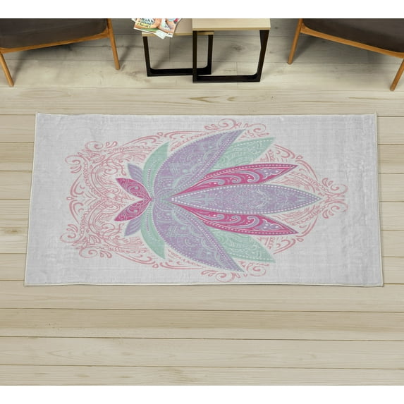Lotus Decorative Rug, Flower Bloom Ornaments Exotic Petals Oriental Traditional Boho Design, Quality Carpet for Bedroom Dorm and Living Room, 6 Sizes, Pale Lavender, by Ambesonne