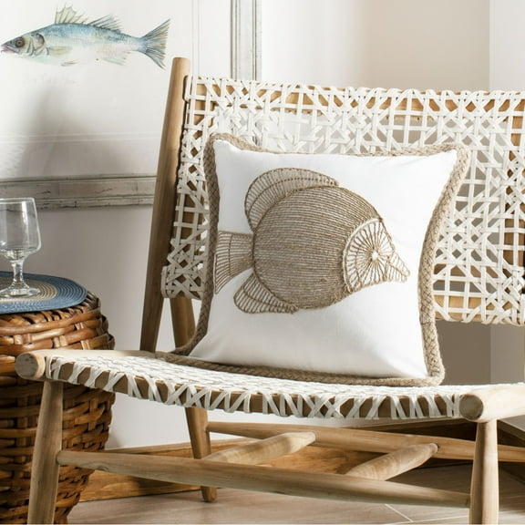 SAFAVIEH Nilam Fish 18" x 18" Coastal Plush Pillow, Natural