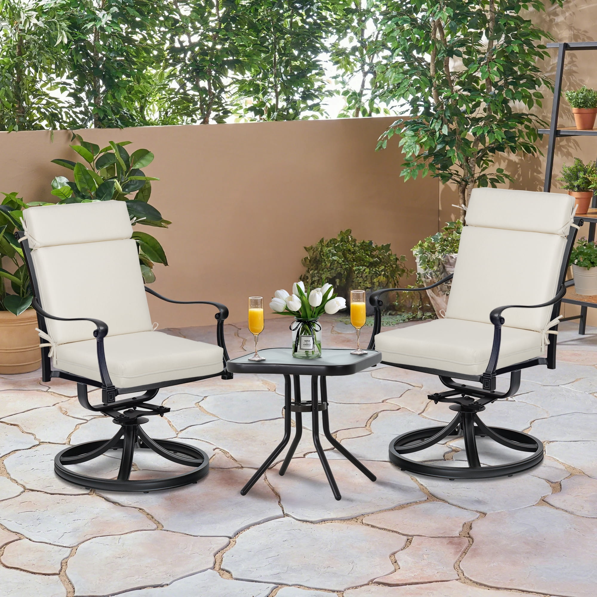 BPS Outdoor High Back Dining Chair Cushion Set, 44"x21"x3.2", TPU Water Repellent Coating&Stain Resistant, Polyester Fabric Cover with Ties and Zipper, Ivory, Set of 4