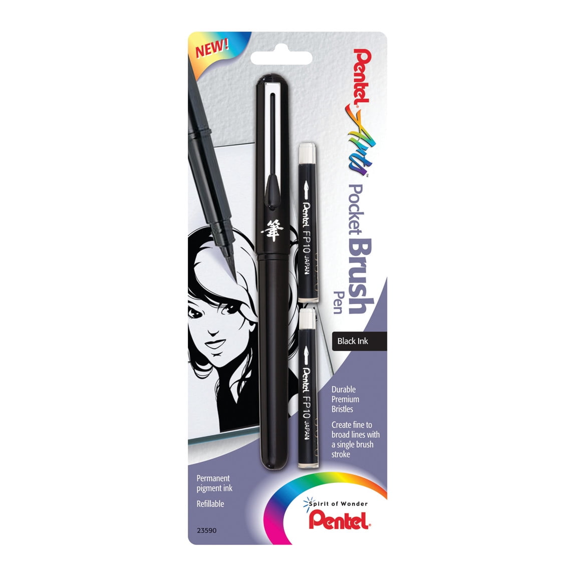 Pentel Pocket Chinese Black Ink Brush Pen 2 Refills FP10 - Orange Barrel 