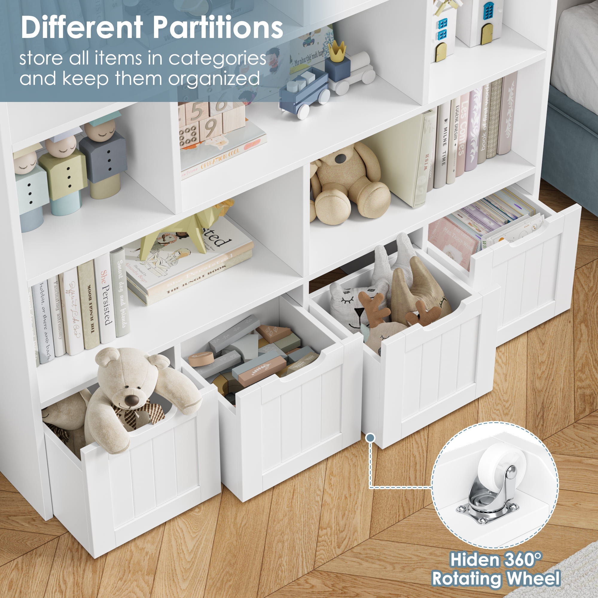 Homfa 10 Cube Toy Storage Organizer, 57.5" Tall Bookcase with 4 Removable Drawers,Bookshelf for Kids Room Living Room, White
