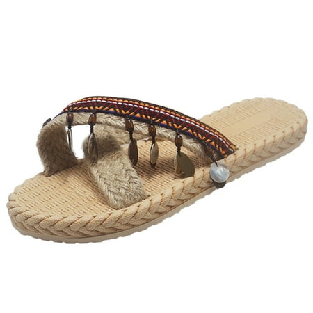 

GNEIKDEING Spring And Summer Imitation Straw Woven Women Flat Sandals And Flip Flops Beach Slippers Gift on Clearance