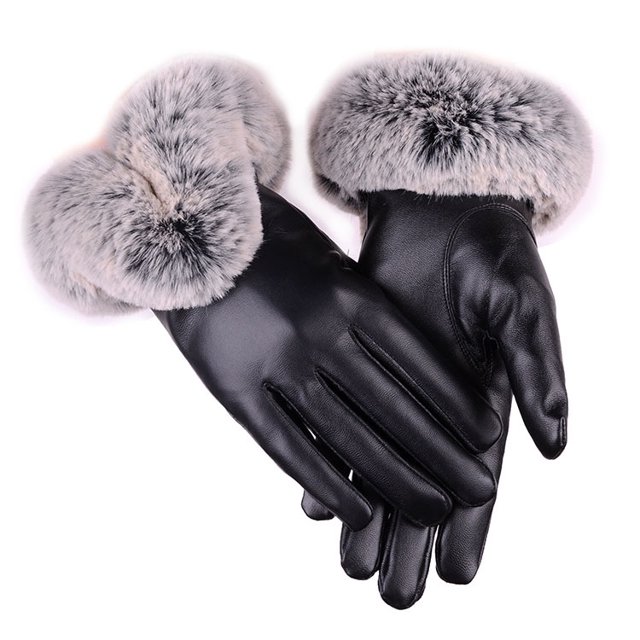 Guantes de invierno para mujer Faux Rabbit PU Cuero Pantalla táctil Mitones Señora Mujer Conducir al aire libre Guantes cálidos Negro JAMW Sencillez