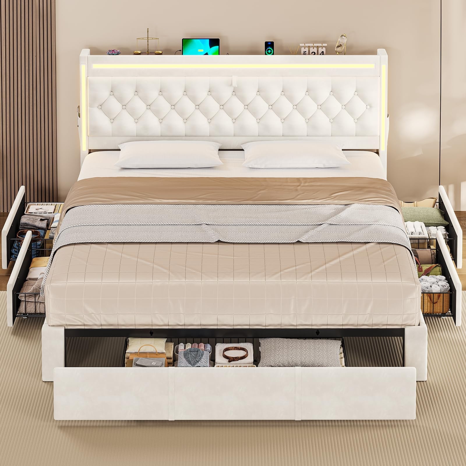 Amuzer  Bed Frame Queen Size with 5 Storage Drawers, Hidden Storage Headboard with LED Light,Charging Station, Velvet Button Tufted Headboard Upholstered Platform Bed, Beige