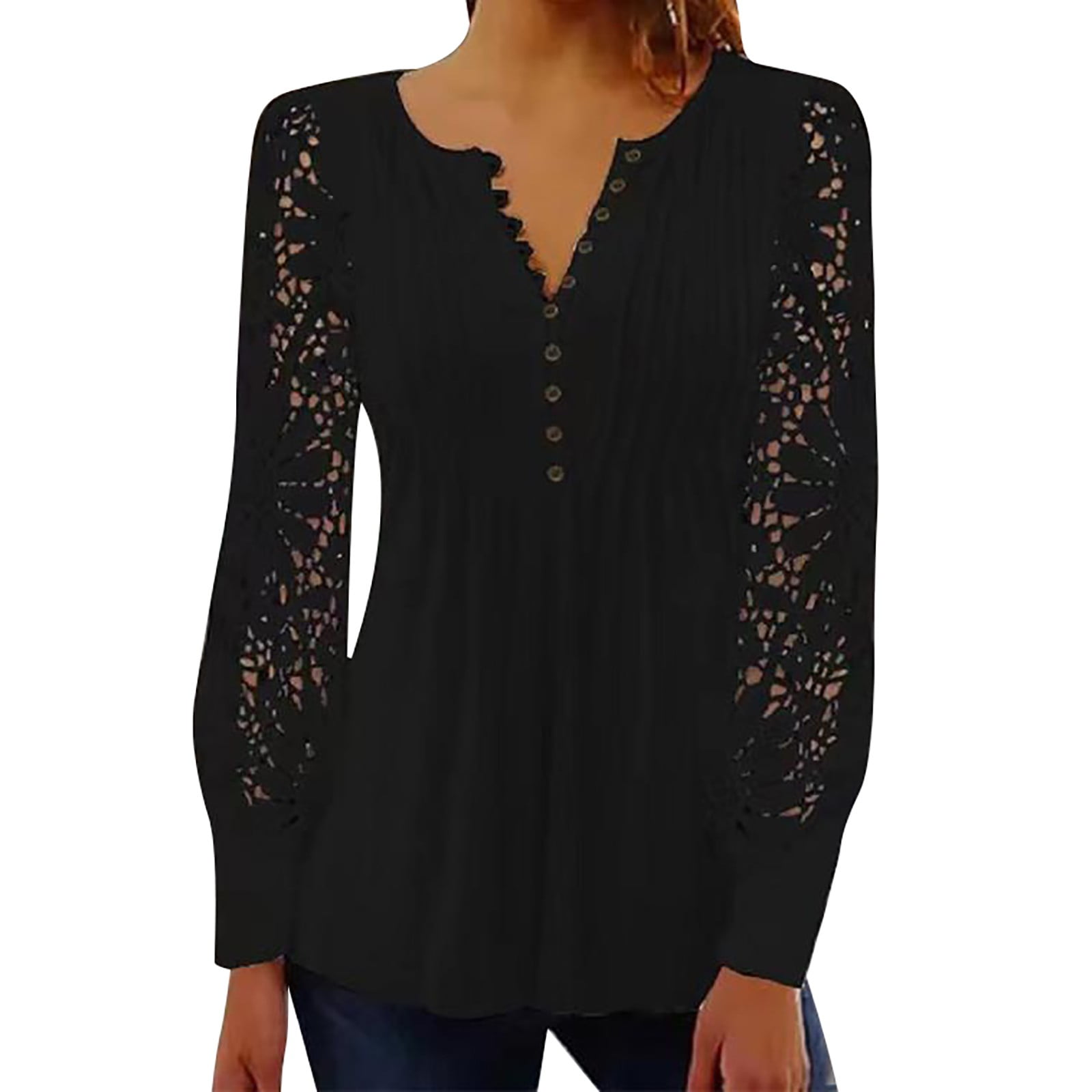 Hiiyo Women's Sexy Lace Long Sleeve V Neck T-Shirt Solid Casual
