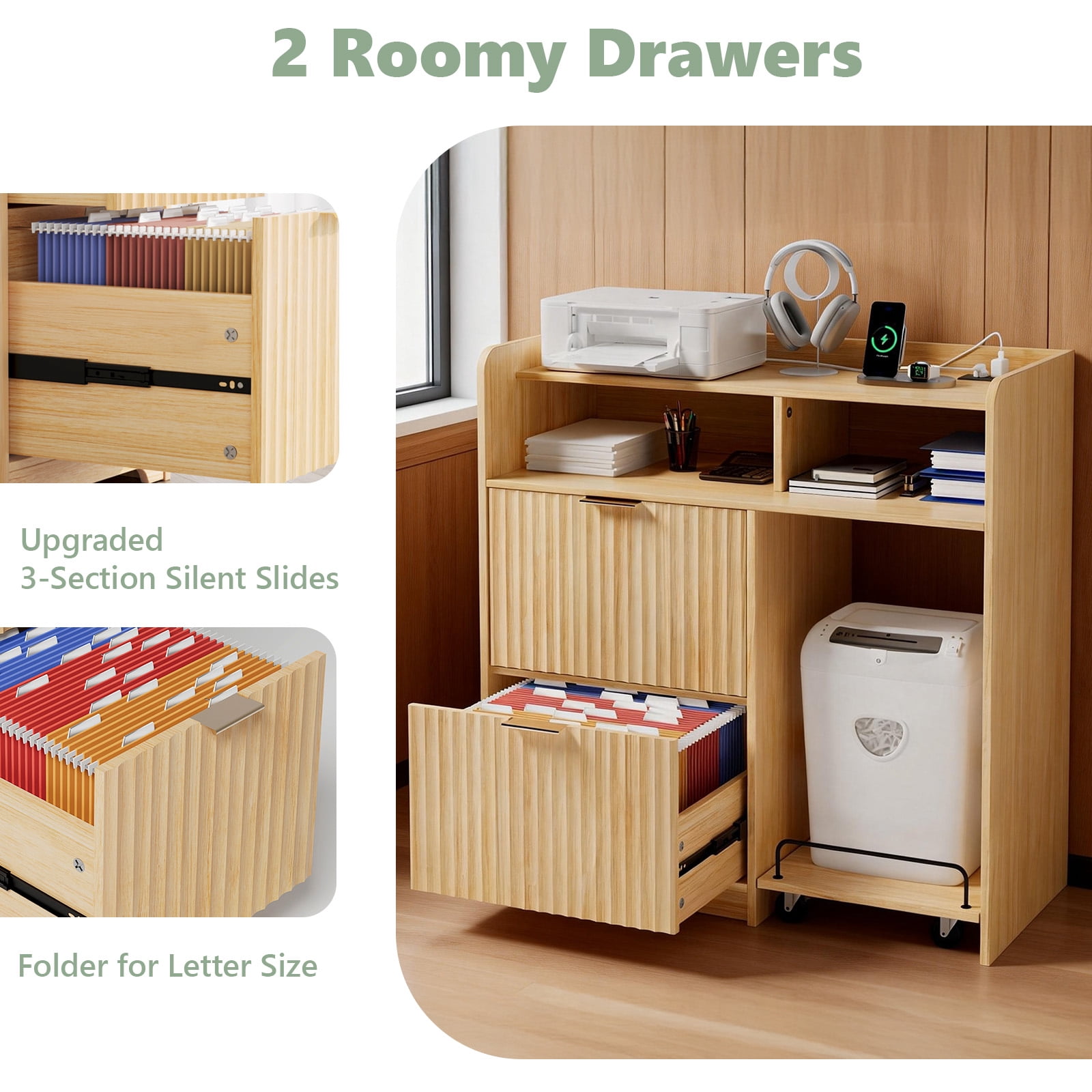 Ktaxon Wood 2 Drawer File Cabinet with Cart Charging Station Dresser Office Cabinet, Wide Printer Paper Shredder Stand with Storage Shelves for Home Office Study