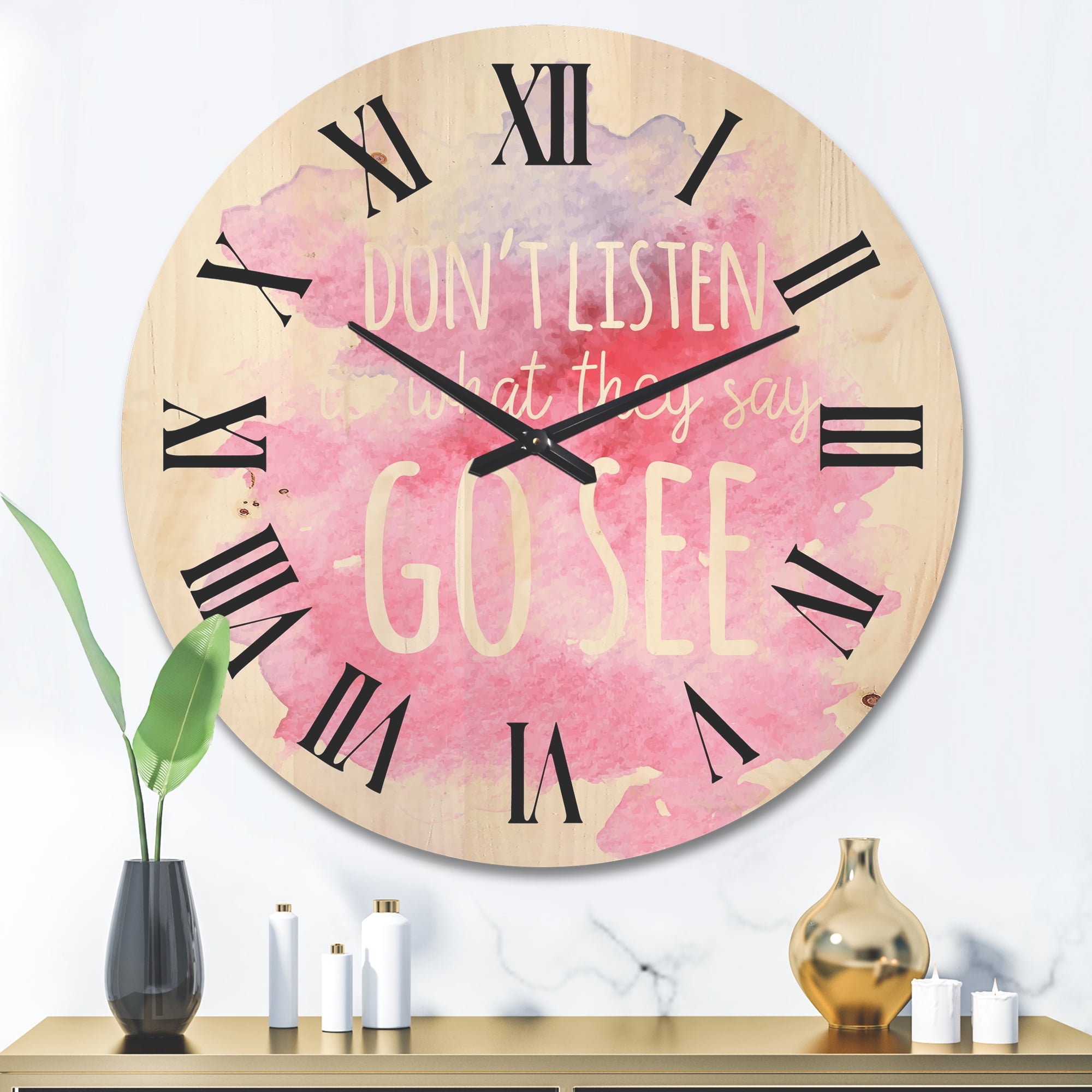 Designart 'Don't Listen To What They Say Go See On Pink Background' Traditional Wood Wall Clock