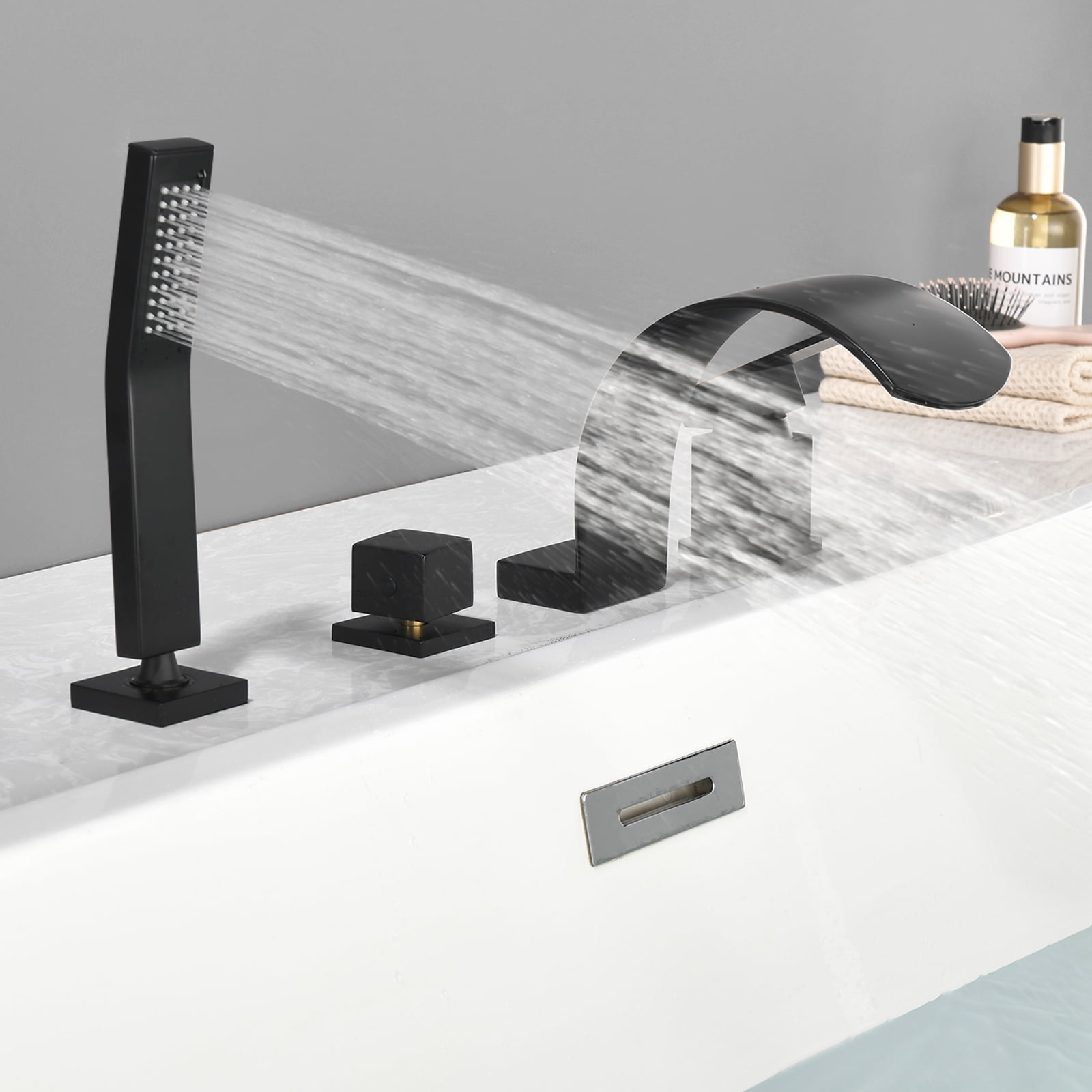 Cobbe Bathroom Bathtub Shower Faucet Set with Handheld Sprayer and 3.78-Inch Wide Tub Spout Single Handle 4-Hole Mount Matte Black