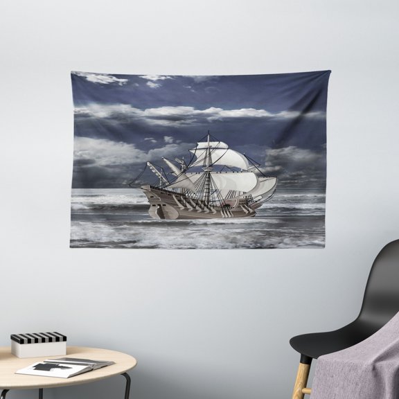 Landscape Tapestry, Cloudy Sky Caribbean Pirates Ship Oil Print Like Art Image, Wall Hanging for Bedroom Living Room Dorm Decor, 60W X 40L Inches, Blue Grey Light Grey and White, by Ambesonne