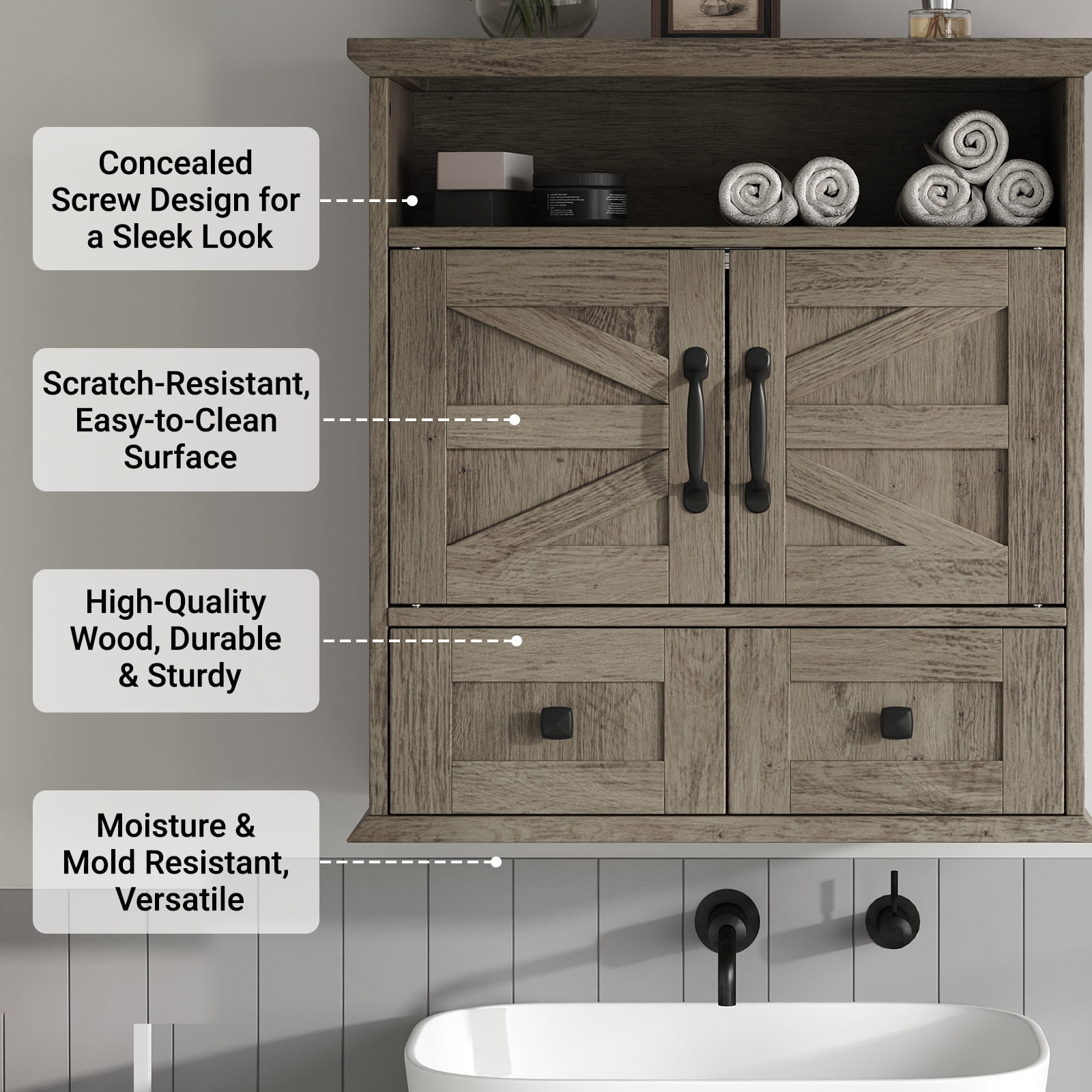 IDEALSOUL Wall Bathroom Storage, Bathroom Medicine Cabinet with Double Door Wall, Two Drawers, Adjustable Shelves, Gray
