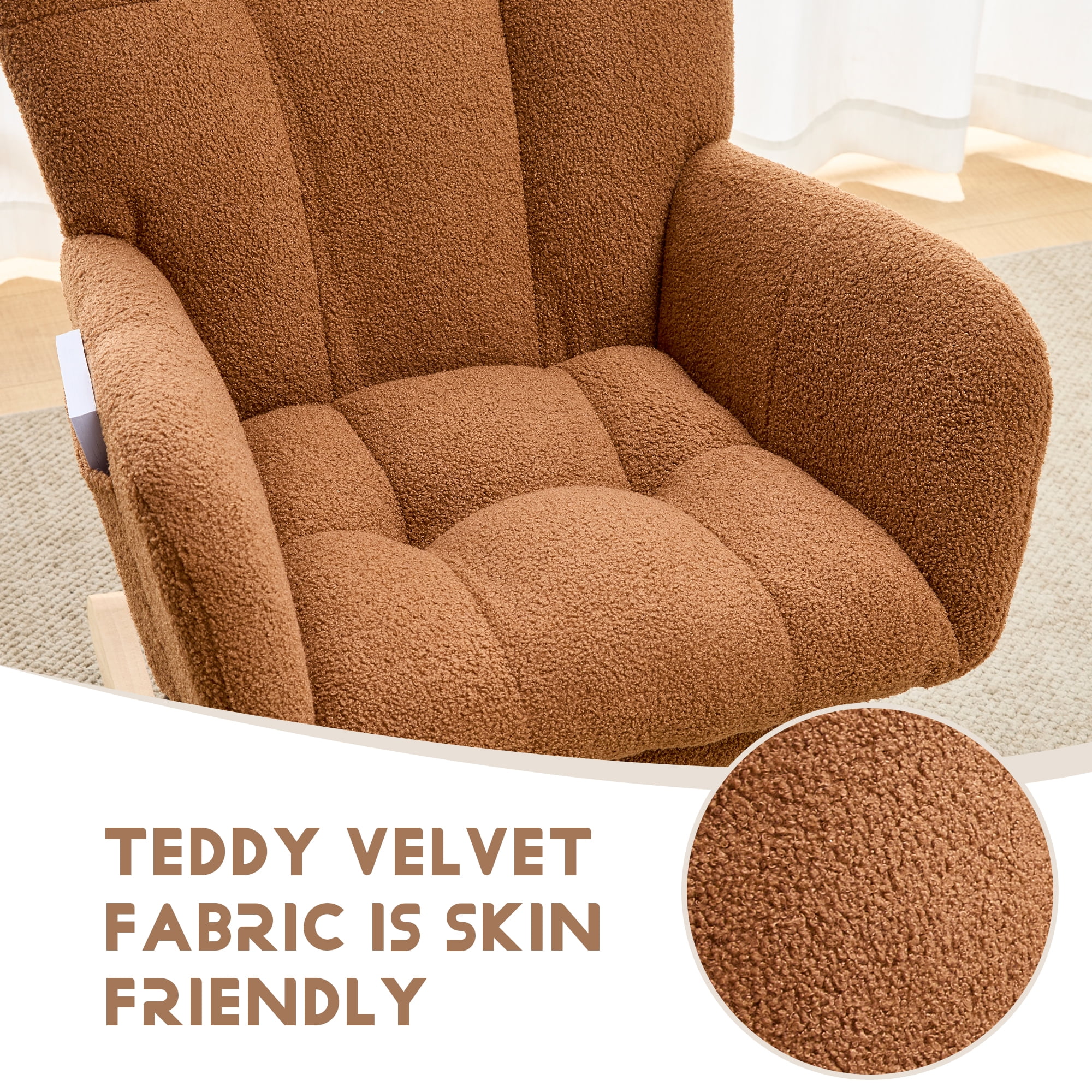 Hforesty Nursery Rocking Chair Teddy Upholstered Glider Rocker，Comfy Armchair with retractable footrest for Living Room & Nursery,BROWN