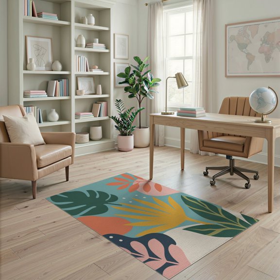 ODIKA 4'x6' Teal Coral Tropical Bliss Decorative Washable Area Rug Vibrant Botanical Patterns with Sunflower Motifs Pet Friendly, Non-Shedding for Bedroom, Reading Nook