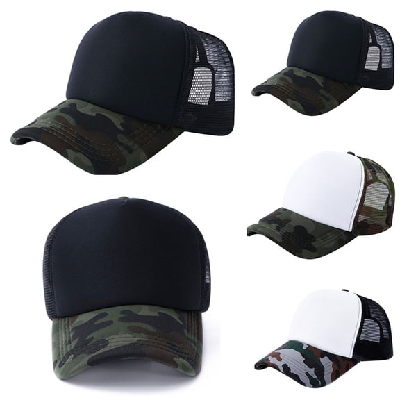 Unisex Camouflage Mesh Baseball Cap, Breathable Sports Hat with Blank Visor, Adjustable Snapback for Hiking, Fishing, Summer Outdoor Activities and Casual Wear-Black