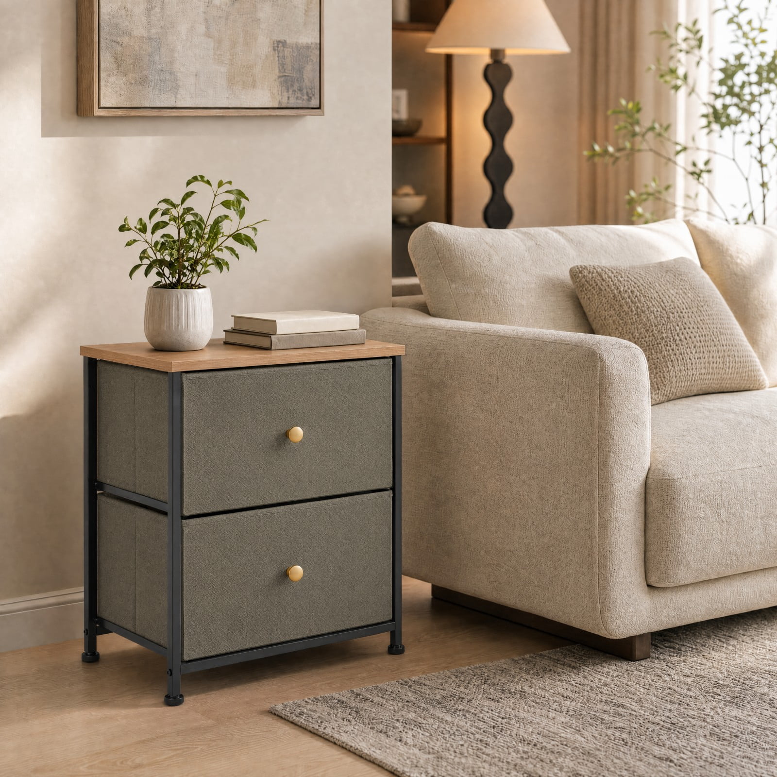 Telyra Fabric Nightstand with 2 Drawers 20" Bedside Table with Wood Top and Steel Frame Small Storage Organizer, Ink Green