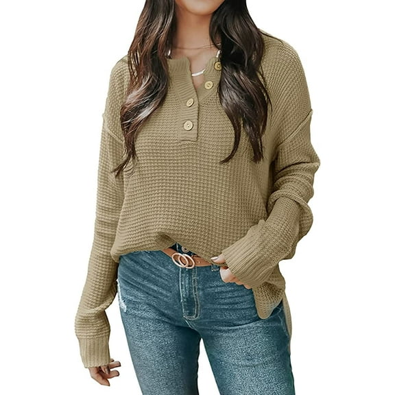 CoCopeaunts Sweaters for Women Baggy Long Sleeve Waffle Basic Pullover Casual Knit Button Sweaters Soft Jumper Tops