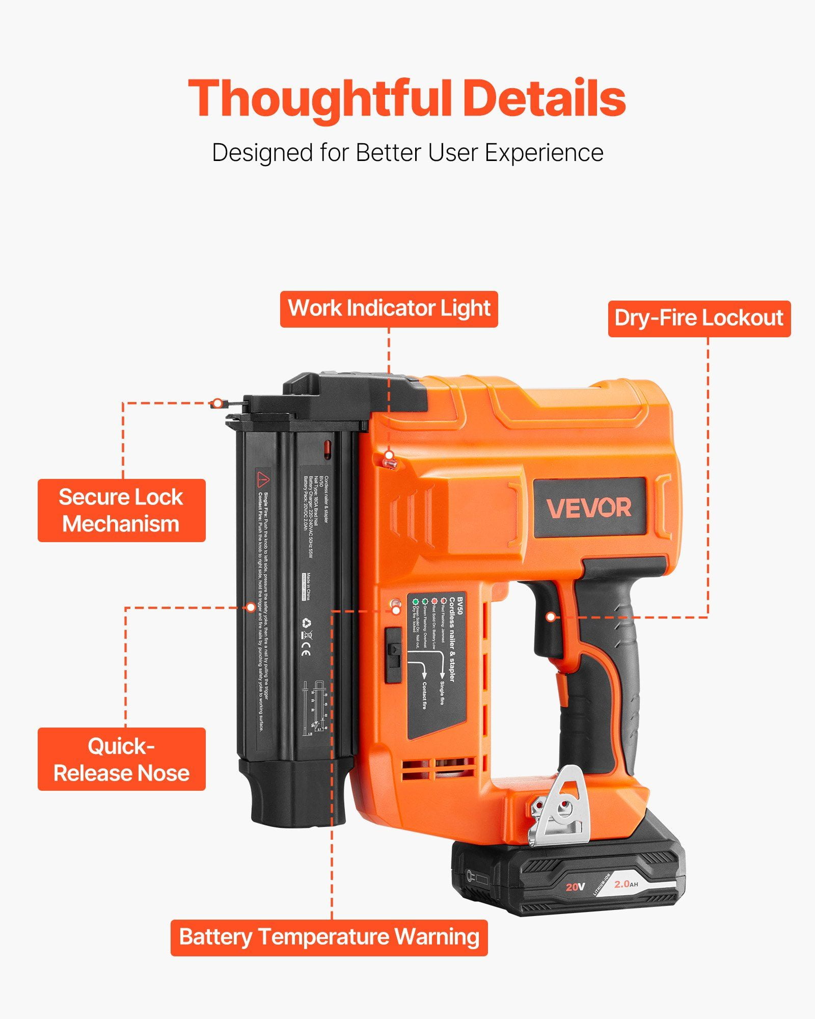 20V Cordless 18-Gauge Brad Nailer Kit with 2.0Ah Battery, Fast Charger, 500 Nails, Precision Depth Control, Designed for DIY Enthusiasts and Home Woodworking