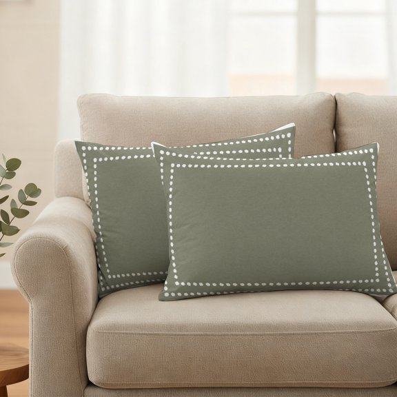 Outdoor Waterproof Throw Pillow Cover Sage Green Solid Color Decorative Pillow Covers 20x12inch Set of 2 Pillows Case, White Polka Dots Cushion Cases for Sofa Couch Patio Garden