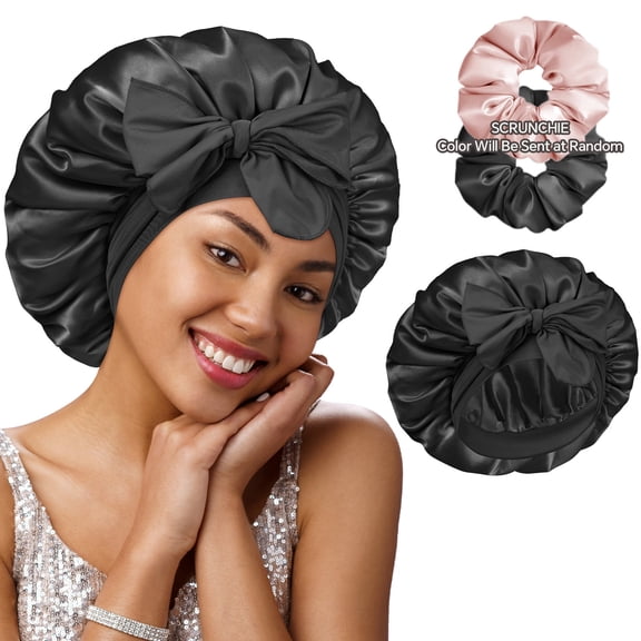 BONNET QUEEN Silk Bonnet for Sleeping Women HYALURONIC Acid Double Layer Satin Lined Bonnet Night Sleep Cap Wrap for Curly Hair with Adjustable Tie Band & Scrunchie, Black