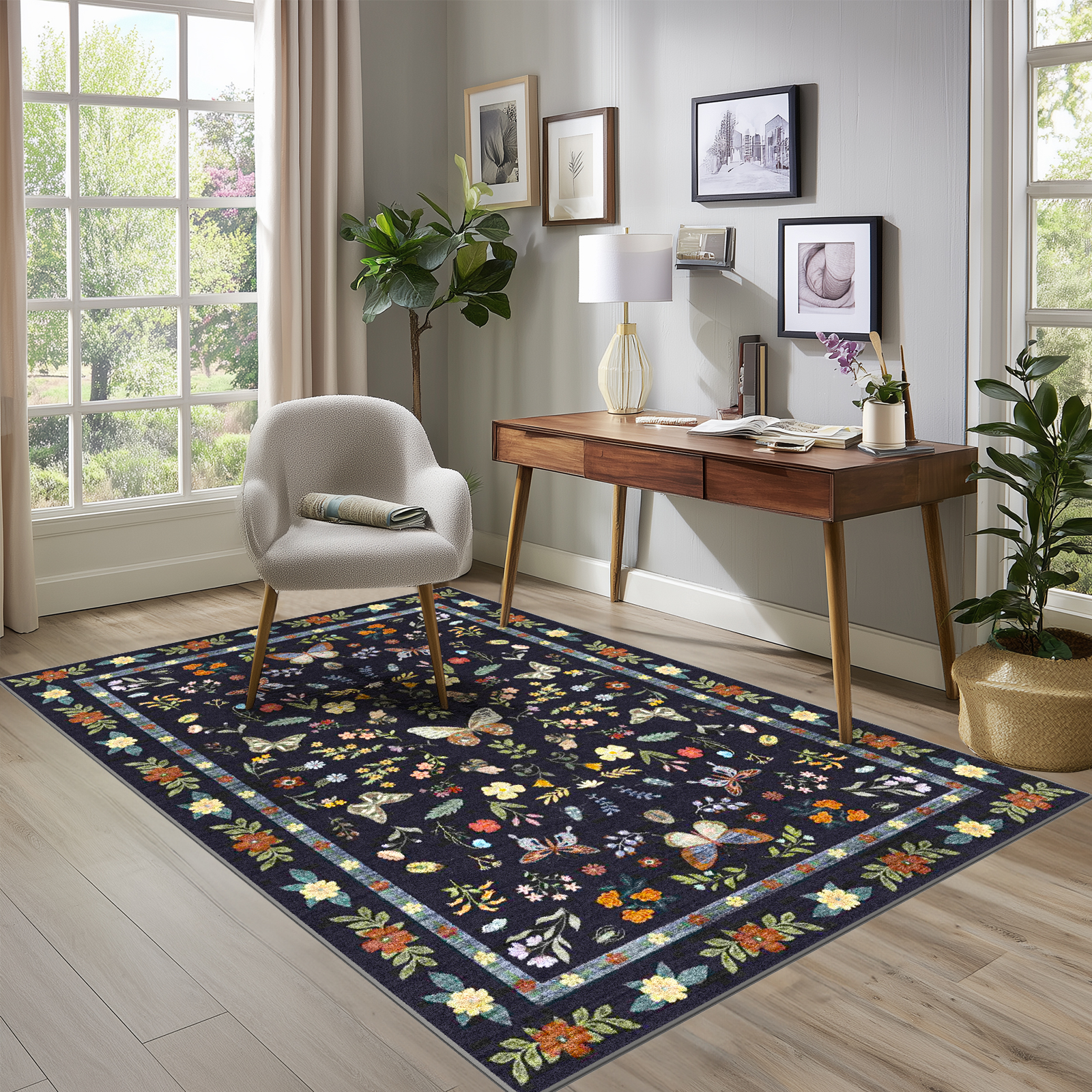 Area Rugs for Living Room, Homasen 5'x7' Washable Indoor Rug Boho Butterfly Black, Soft Low Pile Stain Resistant Carpet for Bedroom, Nursery, Office