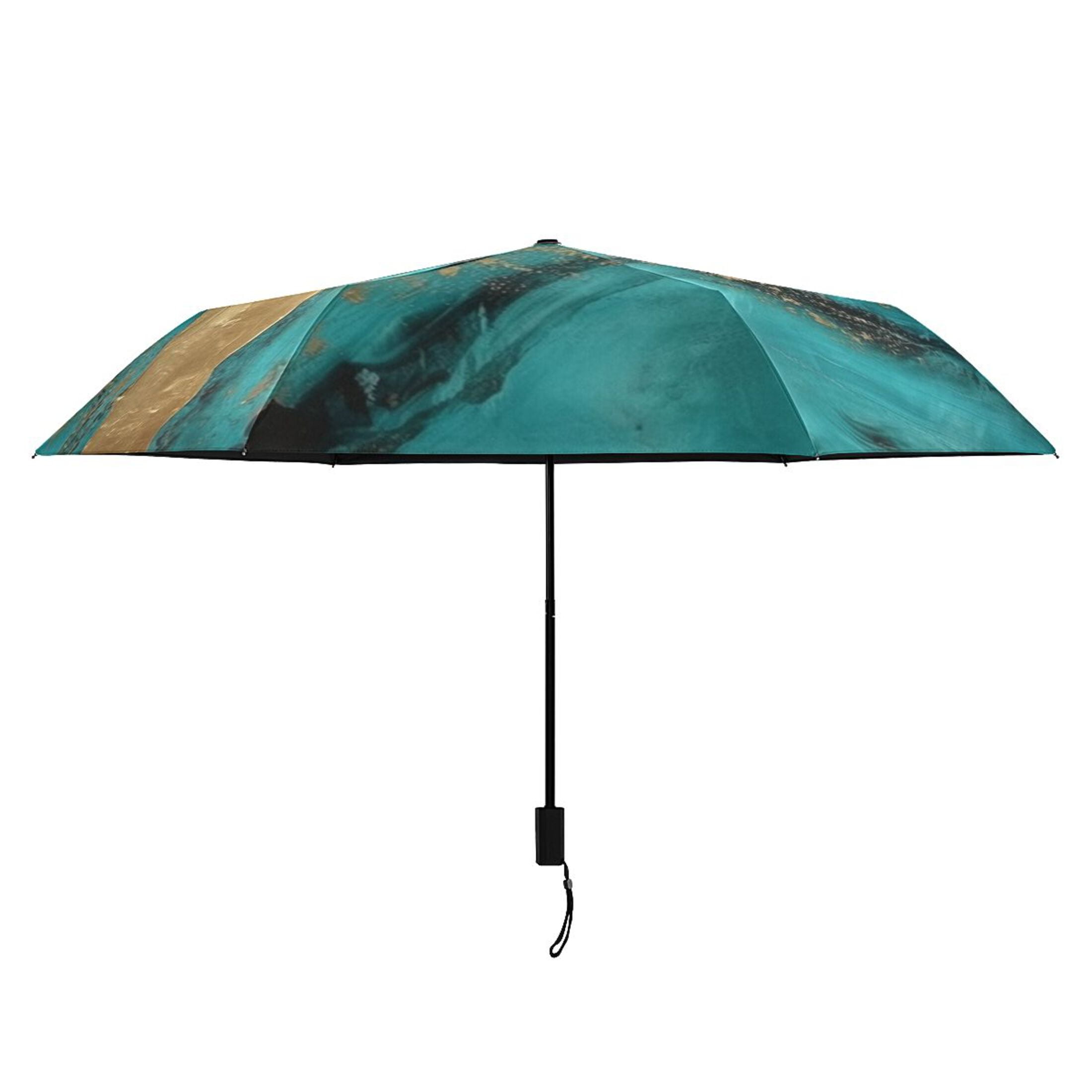Turquoise Gold Marble Compact Sun Umbrella Windproof Travel Umbrellas for Rain Strong Portable UV Protection