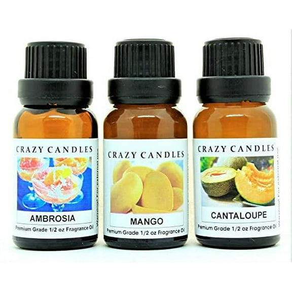 3 Bottles Set, 1 Ambrosia, 1 Mango, 1 Cantaloupe 1/2 Fl Oz Each (15ml) Premium Grade Scented Fragrance Oils by Crazy Candles