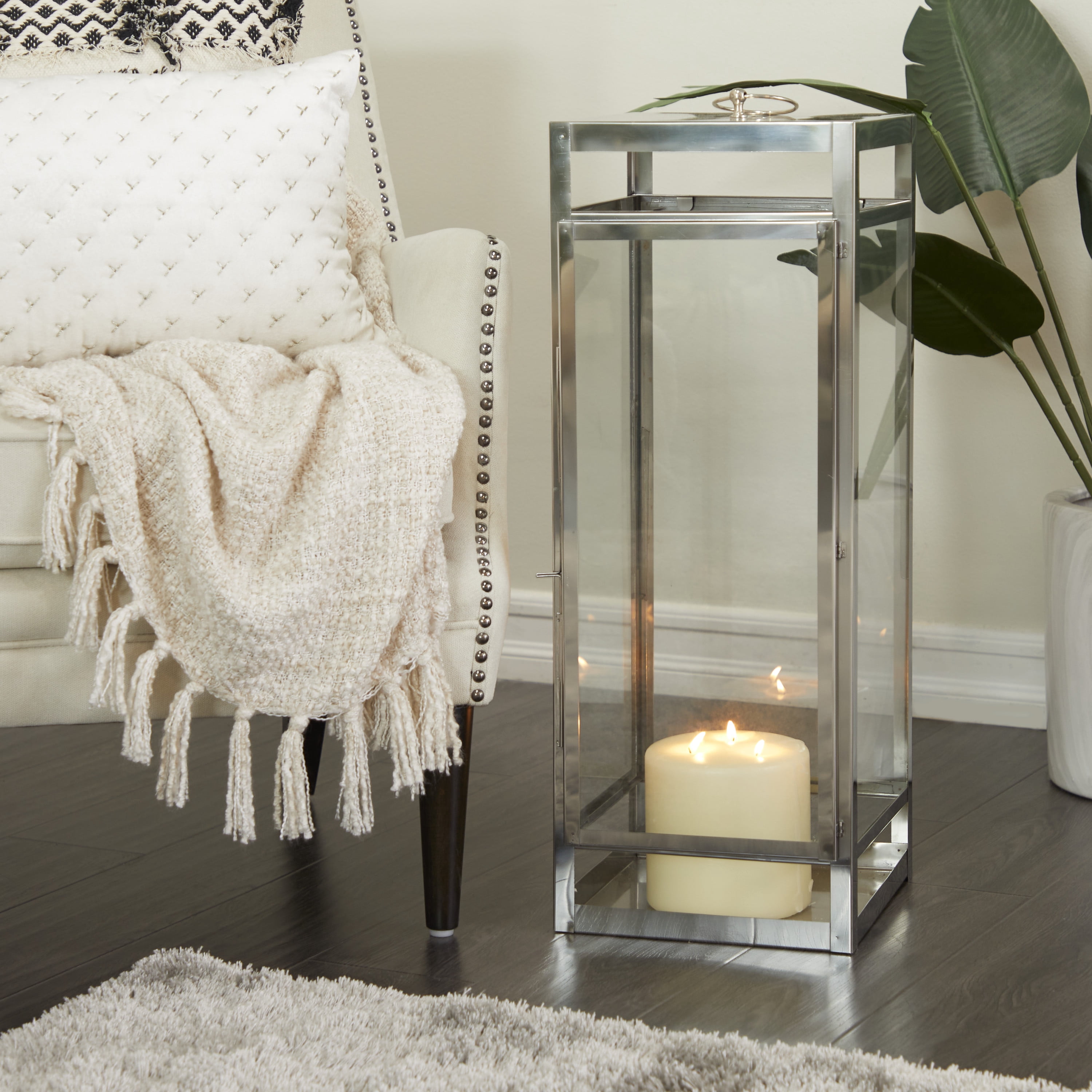 DecMode Silver Stainless Steel Pillar Candle Lantern