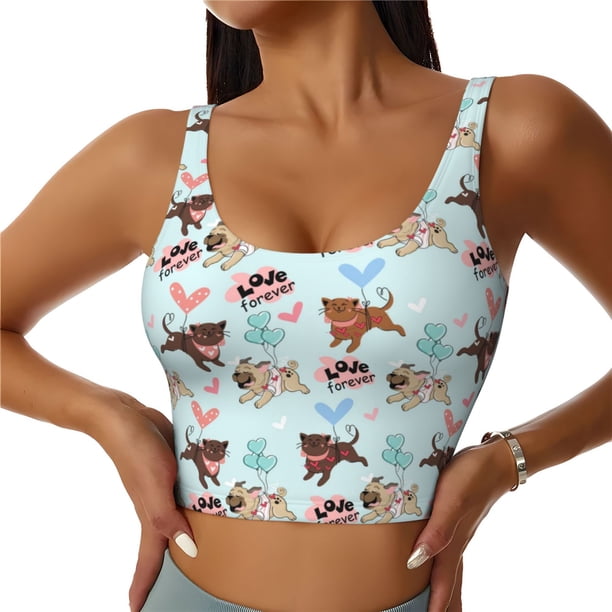 Fotbe Cute Pug Dogs Sujetador Deportivo Largo sin Aros para Mujer con Almohadillas y Soporte Medio, Transpirable y Absorbente, Camiseta Tipo Chaleco o Tank Top-Large