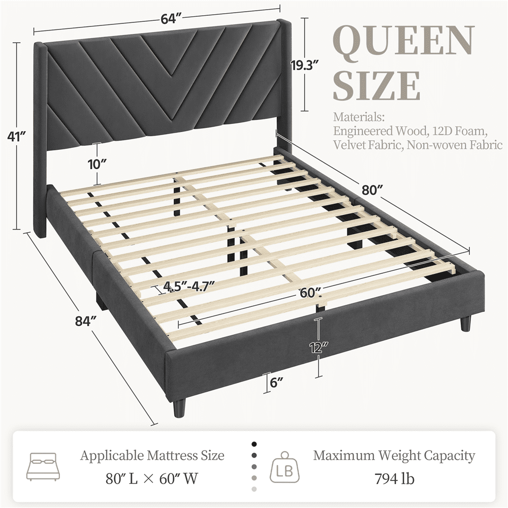 Renwick Queen Size Upholstered Platform Bed with Slat Support, Dark Gray