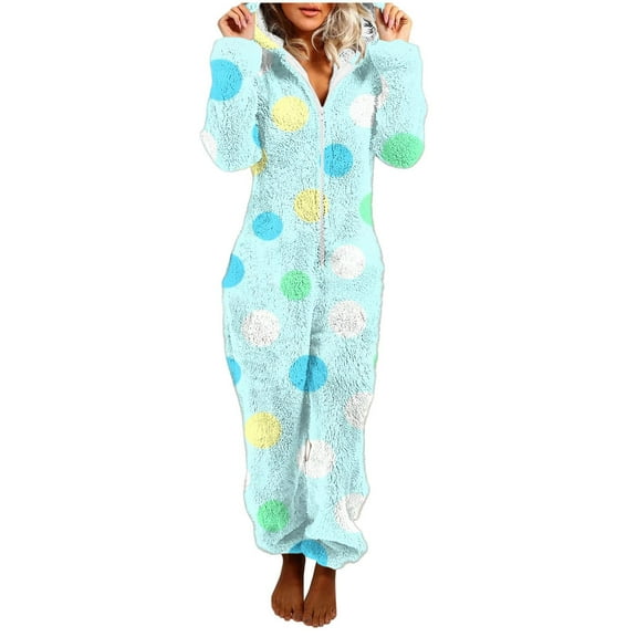 Flannel Pajamas Women Polka Dot One Piece Jumpsuit One Piece Rompers Zipper Warm Winter Loungewear Fall Winter Warm Cute Fuzzy Loungewear