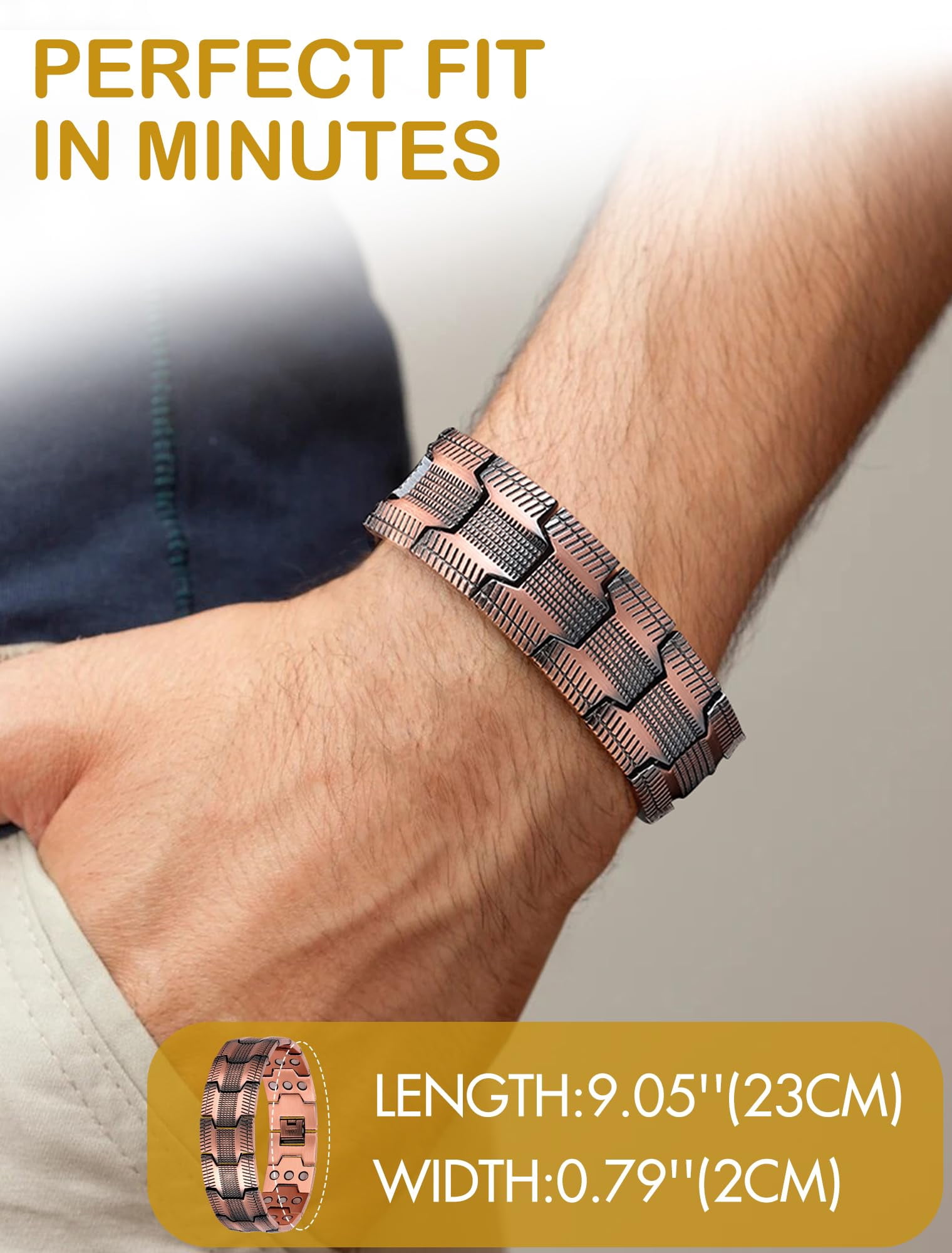 GMOX Men's 99.99% Pure Copper 3X Strength Magnetic Link Bracelet, Adjustable Length