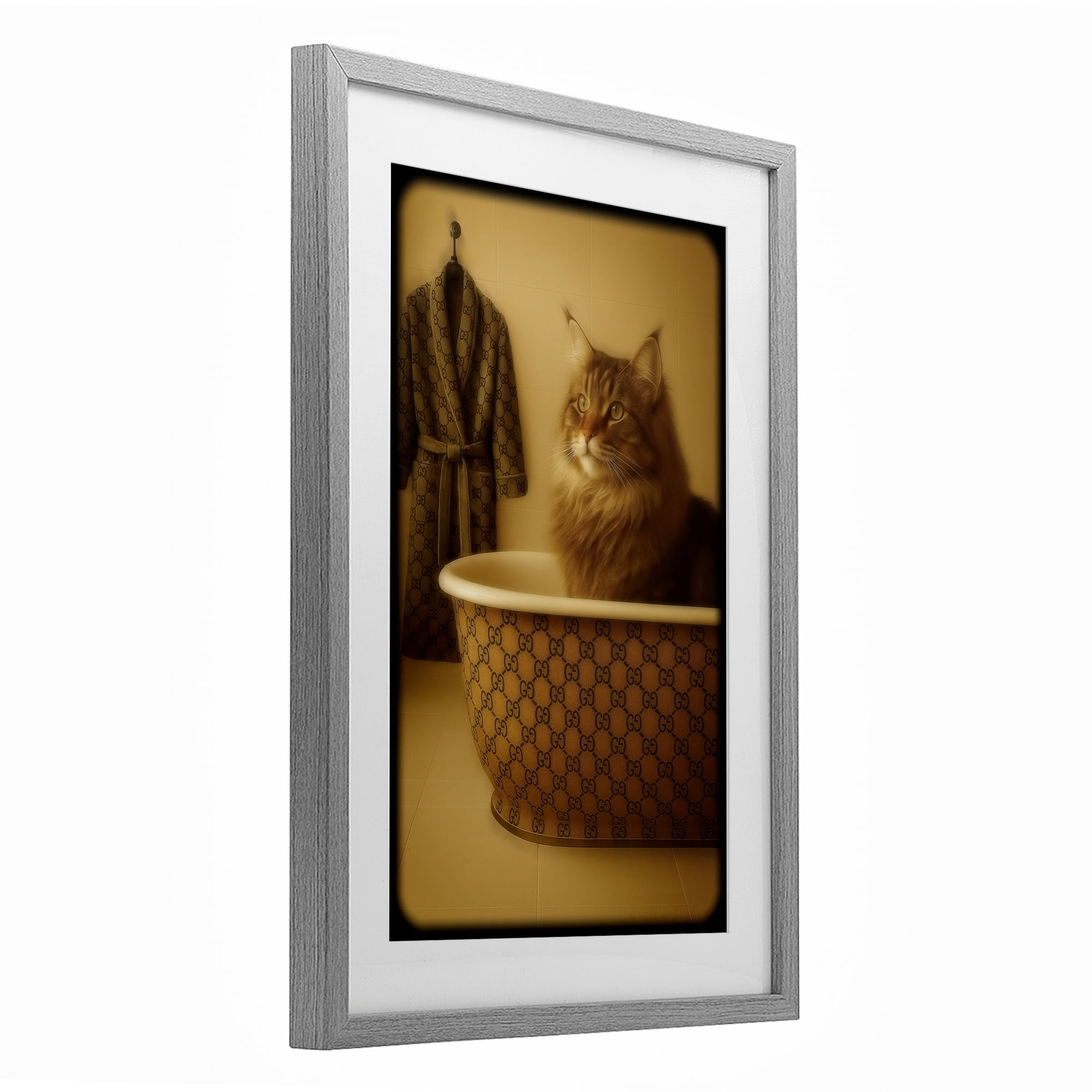 Stupell Industries Couture Main Coon in Luxury Tub Gray Framed Print Under Glass, design by Grotto Studios