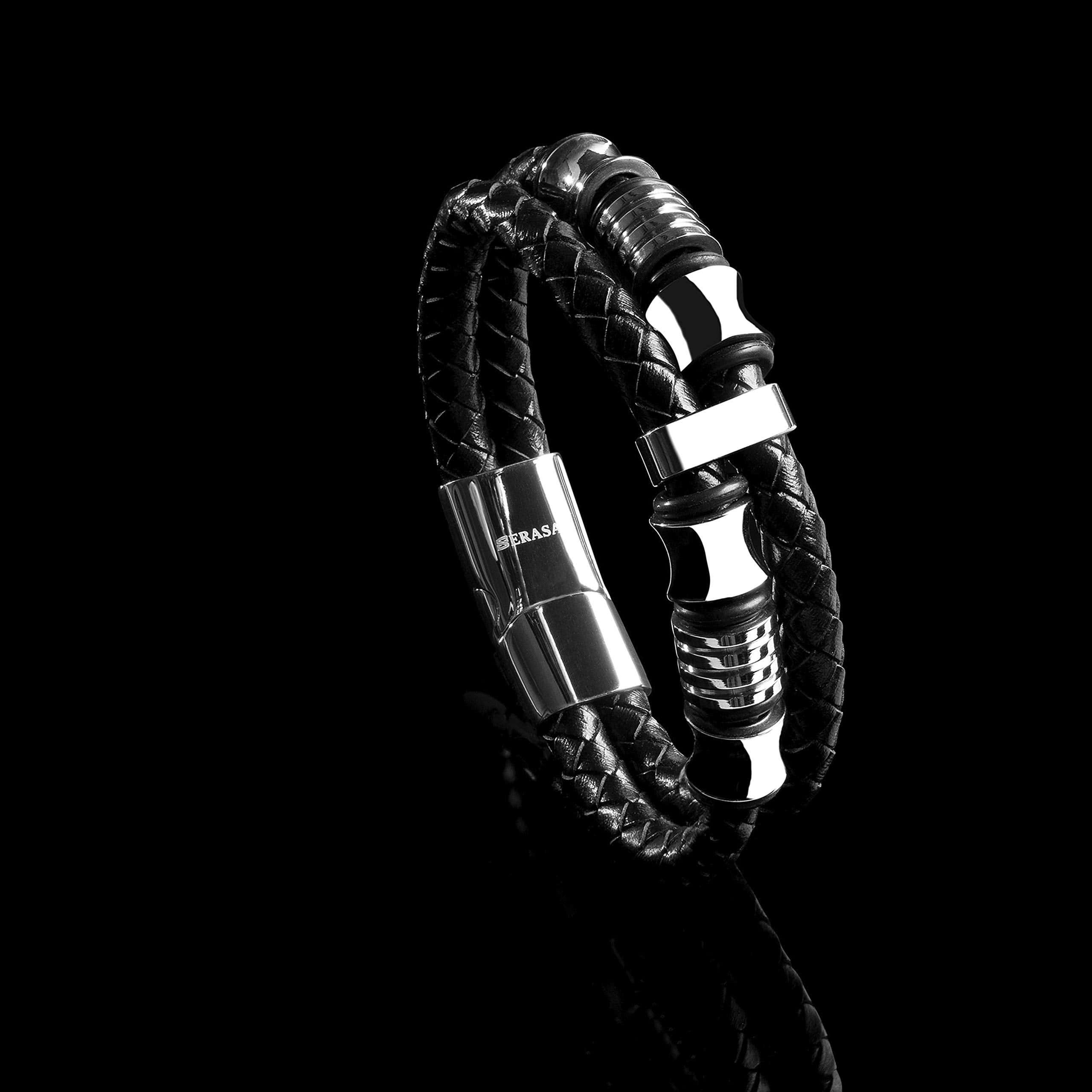 SERASAR Man's Premium Leather Bracelet "Spirit" with stainless steel magnetic closure, Silver 20cm, including gift box