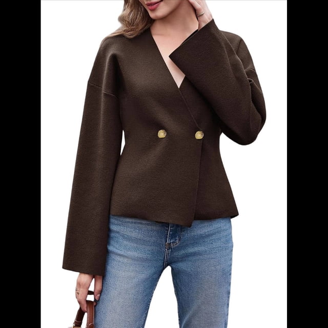 Cárdigan de Cuello en V para Mujer, Larga Acampanada, Botones, Frente Abierto, Suéter de Punto Holgado, Blazer de Otoño Café L