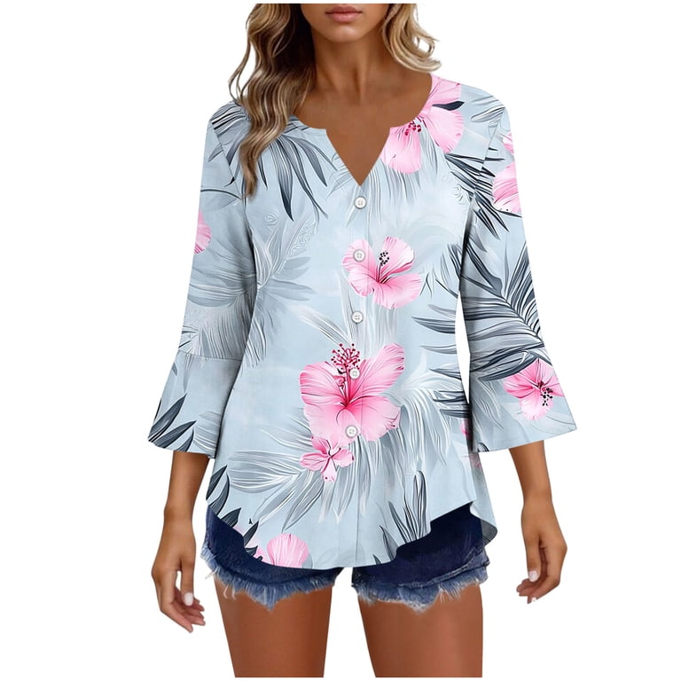 thefmos Women Casual V Neck 3/4 Sleeve Button Down Floral Blouse for Summer Cute Boho Tunic Tops Loose Fit Comfy Beach Holiday Work Shirt, Light Blue L