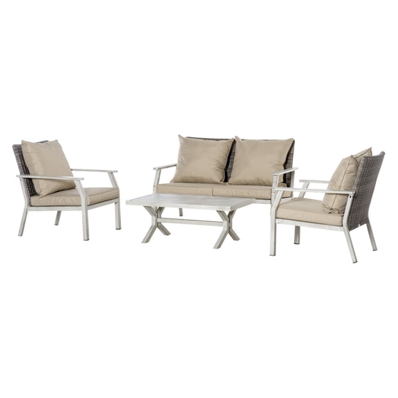 Patio Furniture Set 4 Pieces Outdoor Wicker Sofa Set, Aluminum Frame Conversation Set for Backyard, Poolside, Garden, Beige Cushions